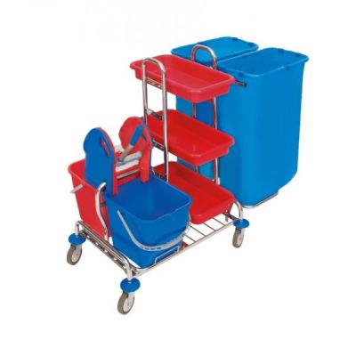 CleanSV® verchromter Wagen mit Moppresse und Ablage - Müllsackhalter 2 x 120l | 116-ZS-0009 / EAN:4251228300397