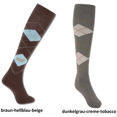 Braun / hellblau / beige, M (39-42) - Reitersocken Reiterstrümpfe Kniestrümpfe Karo Waldhausen | 3149-52