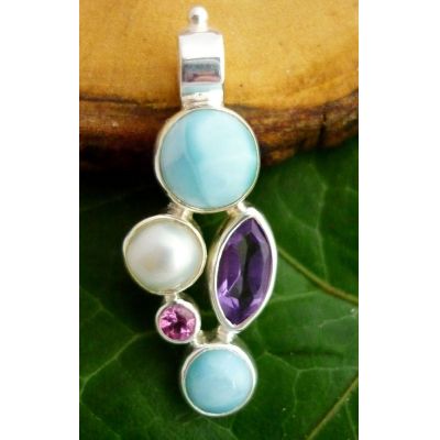 Anhänger Design Larimar, Amethyst, roter Turmalin, Perle | 131-1501