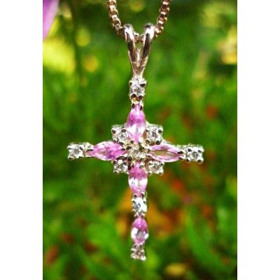 Kette Kreuz Zirkonia pink-weiß / Silber 925 | KET-KRZ-MEM