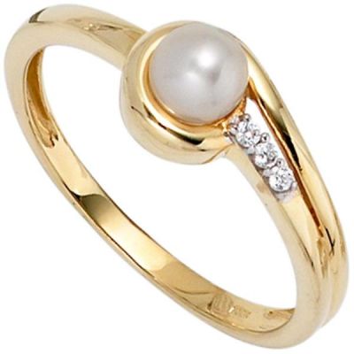 50 - Damen Ring 333 Gelbgold 1 Perle 3 Zirkonia Goldring | 39905 / EAN:4053258236963