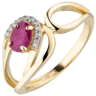 50 - Damen Ring 333 Gelbgold 1 Rubin 11 Zirkonia | 53337 / EAN:4053258523902