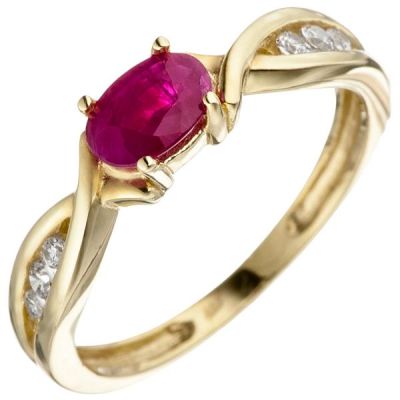 50 - Damen Ring 333 Gelbgold 1 Rubin rot 6 Zirkonia Goldring Rubinring | 46314 / EAN:4053258306413