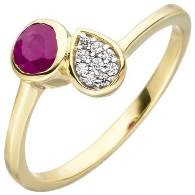 50 - Damen Ring 333 Gelbgold 1 Rubin rot 9 Zirkonia Rubinring | 51848 / EAN:4053258461662