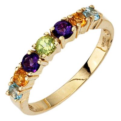 50 - Damen Ring 333 Gelbgold, 2 Amethyste 2 Citrine 1 Peridot 2 Blautopase | 37790 / EAN:4053258051535