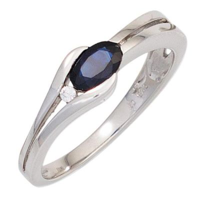 50 - Damen Ring 333 Gold Weißgold 1 Safir blau 1 Diamant Brillant | 42523 / EAN:4053258252918