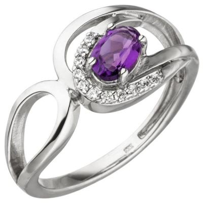 50 - Damen Ring 333 Gold Weißgold 11 Zirkonia 1 Amethyst lila violett | 51851 / EAN:4053258461839