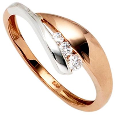 50 - Damen Ring 375 Gold Rotgold Weißgold bicolor 3 Zirkonia Goldring | 39632 / EAN:4053258233900