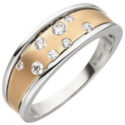 50 - Damen Ring 375 Gold Weißgold Rotgold bicolor matt 8 Zirkonia Goldring | 50496 / EAN:4053258353431