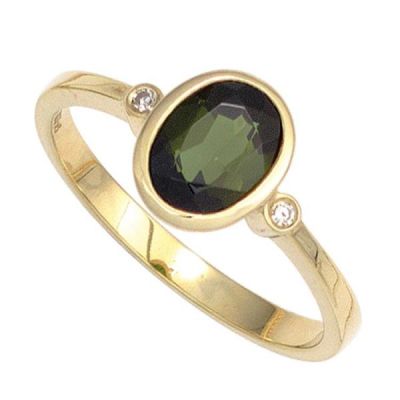 50 - Damen Ring 585 Gold Gelbgold, 1 Turmalin grün 2 Diamanten 0,02ct. | 42419 / EAN:4053258250211