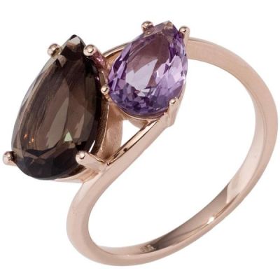 50 - Damen Ring 585 Gold Rotgold 1 Rauchquarz braun 1 Amethyst lila violett | 50 | 44854 / EAN:4053258289747