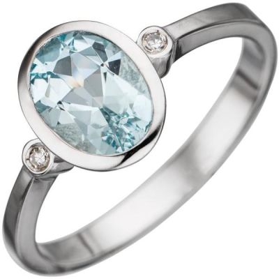 50 - Damen Ring 585 Gold Weißgold 1 Aquamarin hellblau blau 2 Diamanten | 43985 / EAN:4053258280072