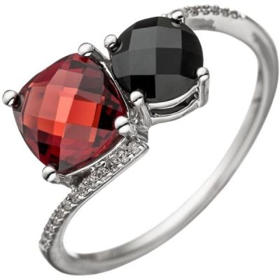 50 - Damen Ring 585 Weißgold 24 Diamanten 1 Granat rot 1 Onyx | 46738 / EAN:4053258315866