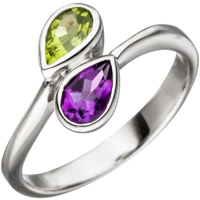 50 - Damen Ring 925 Sterling Silber 1 Amethyst lila violett 1 Peridot grün | 46905 / EAN:4053258324264