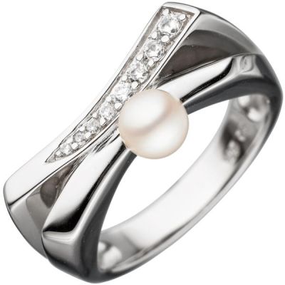 50 - Damen Ring 925 Sterling Silber 1 Süßwasser Perle mit Zirkonia Perlenring | 45138