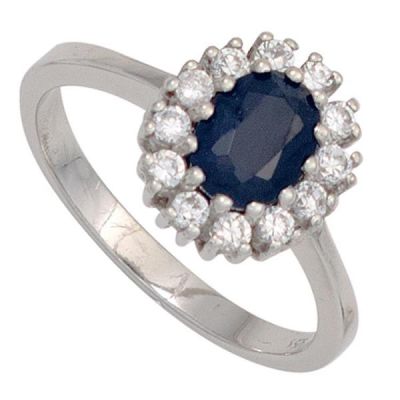 50 - Damen Ring 925 Sterling Silber rhodiniert, 1 Safir blau 12 Zirkonia | 43077 / EAN:4053258260067