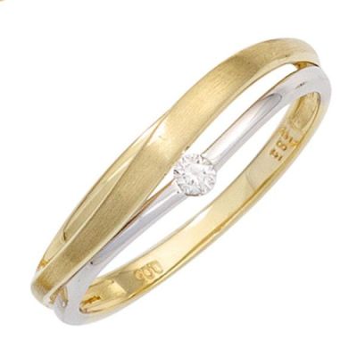 50 - Damen Ring aus 585 Gelbgold Weißgold bicolor matt 1 Diamant Brillant | 42160 / EAN:4053258246061