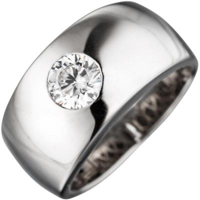 50 - Damen Ring breit 925 Sterling Silber rhodiniert 1 Zirkonia | 44963 / EAN:4053258292754