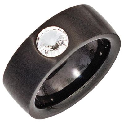 50 - Damen Ring Edelstahl schwarz beschichtet mit Kristallstein | 43595