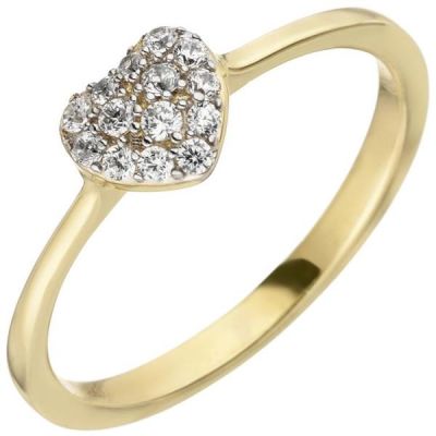 50 - Damen Ring Herz 375 Gold Gelbgold 14 Zirkonia Goldring Herzring | 50328 / EAN:4053258354476