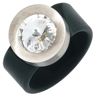 50 - Damen Ring PVC mit Edelstahl kombiniert 1 Kristallstein schwarz | 40883