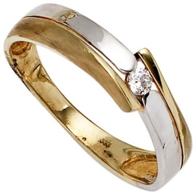 52 - Damen Ring 333 Gelbgold Weißgold teil matt 1 Zirkonia Goldring | 39598 / EAN:4053258233603