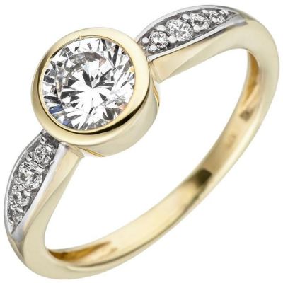 52 - Damen Ring 375 Gold Gelbgold bicolor 9 Zirkonia, Goldring | 48692 / EAN:4053258331873