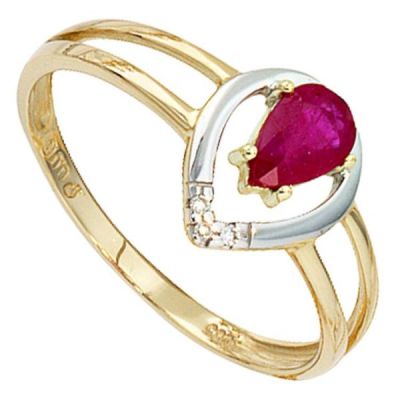 52 - Damen Ring 585 Gelbgold Rubin rot, 3 Diamanten | 37865 / EAN:4053258056882