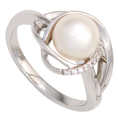 52 - Damen Ring 585 Weißgold, 1 Perle 9 Diamanten | 42583 / EAN:4053258254127