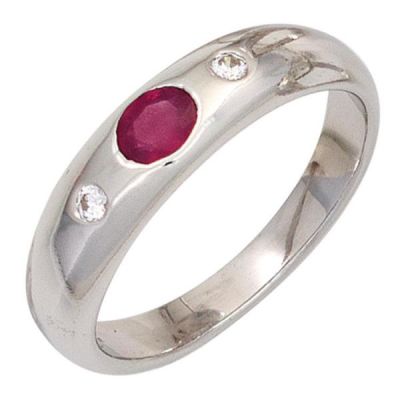 52 - Damen Ring 925 Sterling Silber rhodiniert, 1 Rubin rot 2 Zirkonia | 43067 / EAN:4053258259603