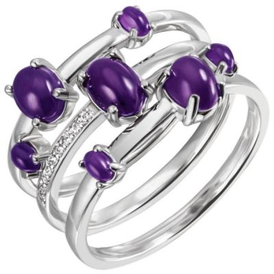 52 - Damen Ring breit Sterling Silber 7 Amethyst-Cabochons lila 9 Zirkonia | 51807 / EAN:4053258456125