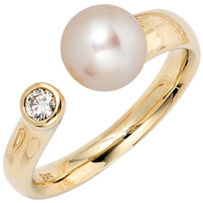 54 - Damen Ring 585 Gold Gelbgold 1 Perle 1 Diamant Brillant | 36154 / EAN:4053258060568