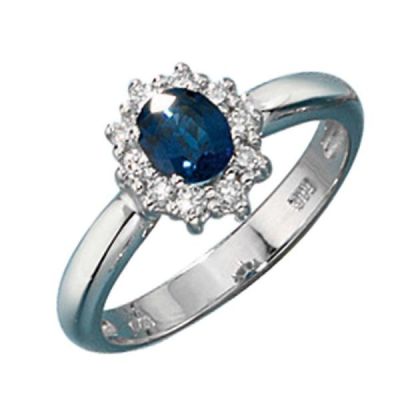 54 - Damen Ring 585 Weißgold 1 Safir blau 10 Diamanten | 30510 / EAN:4053258055694