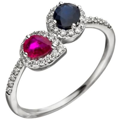 54 - Damen Ring 585 Weißgold 38 Diamanten Rubin rot Safir blau | 46768 / EAN:4053258317822