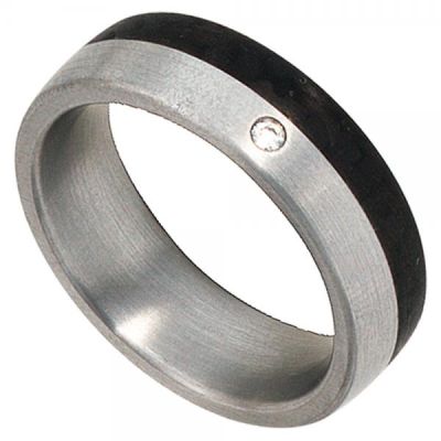 54 - Partner Ring Edelstahl matt mit Carbon 1 Diamant Brillant | 37930 / EAN:4053258087428