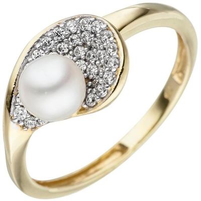 56 - Damen Ring 375 Gold Gelbgold 1 Perle 36 Zirkonia | 48698 / EAN:4053258331996