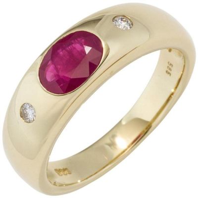 56 - Damen Ring 585 Gold Gelbgold 1 Rubin rot 2 Diamanten Brillanten Goldring | 44889