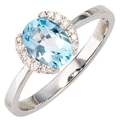 56 - Damen Ring 585 Weißgold 1 Blautopas blau, 14 Diamanten | 36102 / EAN:4053258052341