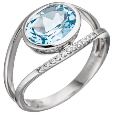 56 - Damen Ring 585 Weißgold 11 Diamanten 1 Blautopas blau | 46605 / EAN:4053258308103