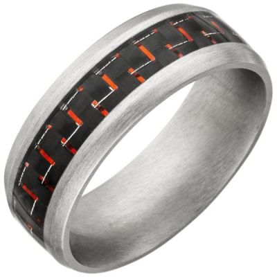 58 - Herren Ring Edelstahl matt Carbon-Einlagen mit roten Effekten | 52045 / EAN:4053258467404