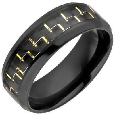 58 - Herren Ring Edelstahl schwarz beschichtet Carbon Einlage goldfarben | 50688 / EAN:4053258349830