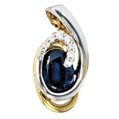 Anhänger 585 Gelbgold Weißgold 8 Diamanten Brillanten 1 blauer Saphir | 37870 / EAN:4053258057117