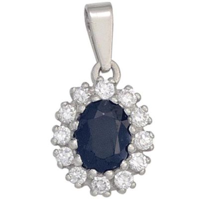 Anhänger 925 Sterling Silber rhodiniert 12 Zirkonia 1 Safir blau | 43079 / EAN:4053258260135