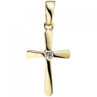 Anhänger Kreuz 375 Gold Gelbgold 1 Zirkonia Kreuzanhänger Goldkreuz | 50324 / EAN:4053258351635