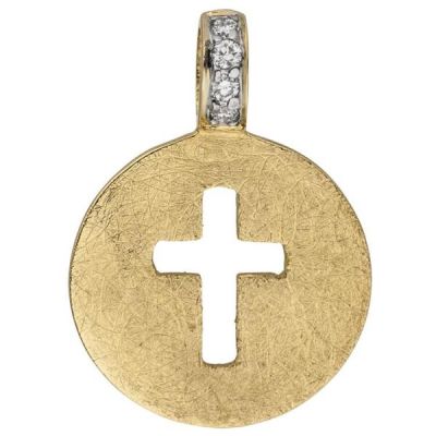 Anhänger Kreuz 585 Gold Gelbgold eismatt 4 Diamanten Brillanten Kreuzanhänger | 52528 / EAN:4053258469774