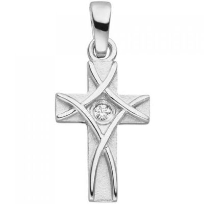 Anhänger Kreuz 925 Silber mattiert 1 Zirkonia Kreuzanhänger | 53521 / EAN:4053258518588