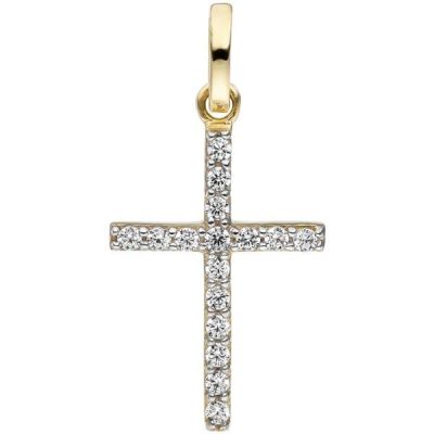 Anhänger Kreuz schmal 375 Gold Gelbgold 16 Zirkonia Goldkreuz | 48689 / EAN:4053258331774