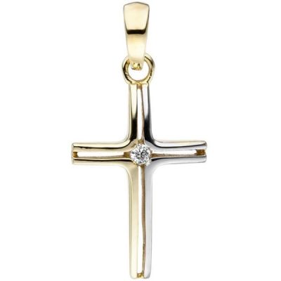 Anhänger Kreuz schmal 375 Gold Gelbgold bicolor 1 Zirkonia | 48688 / EAN:4053258331767