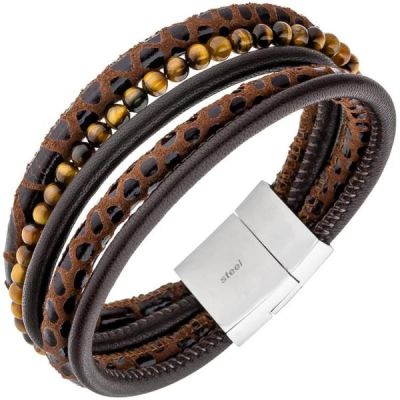 Armband 5-reihig Leder braun mit Tigeraugen-Kugeln Edelstahl 18,5 cm | 48817 / EAN:4053258334072