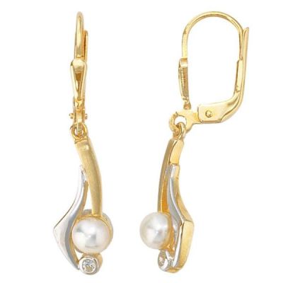 Boutons 333 Gold Gelbgold 2 Süßwasserperlen 2 Zirkonia Ohrhänger | 37608 / EAN:4053258062067